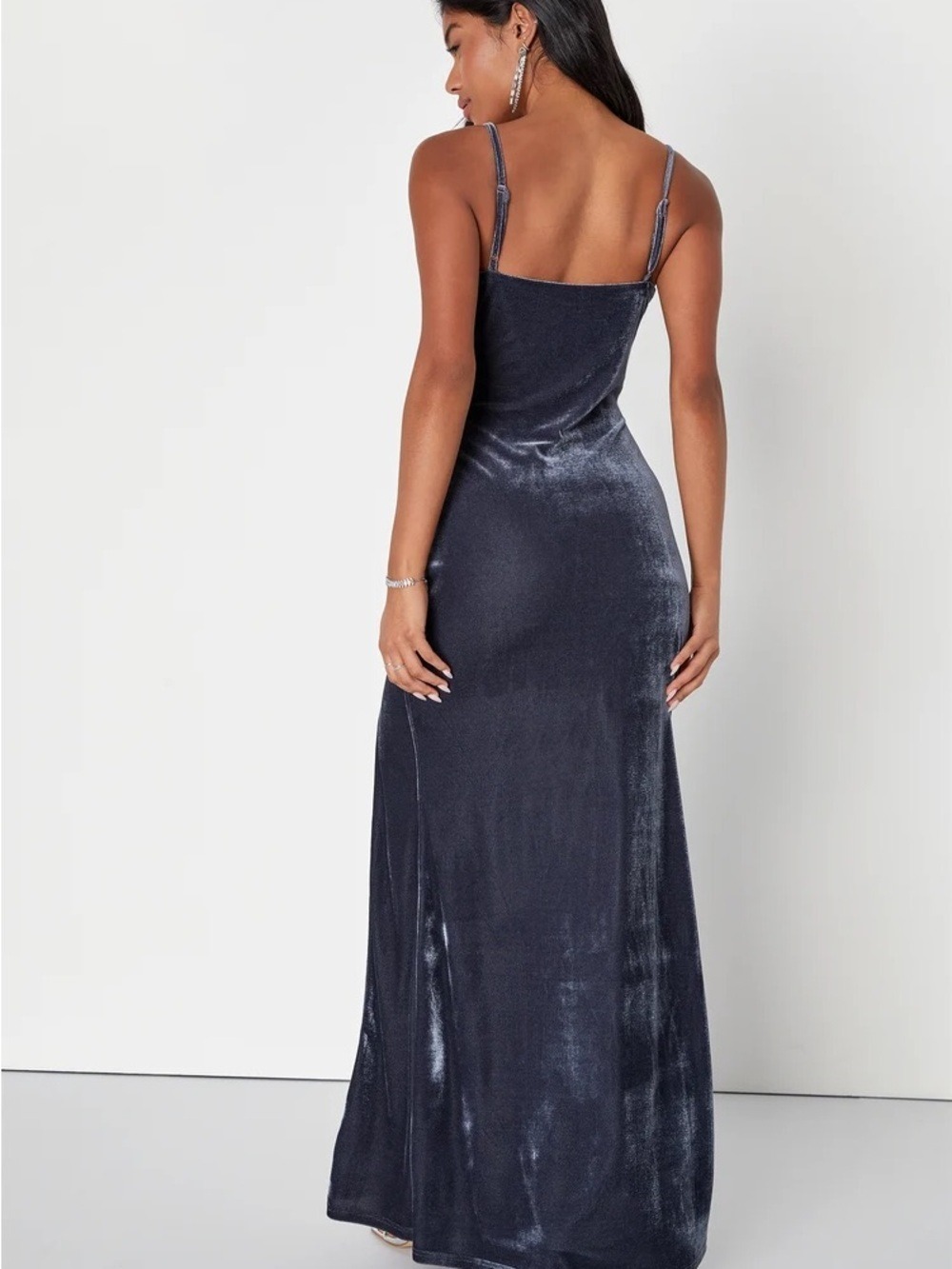 Lulus Charcoal Blue Velvet Spaghetti Strap Maxi Dress High Slit - Picture 3 of 7